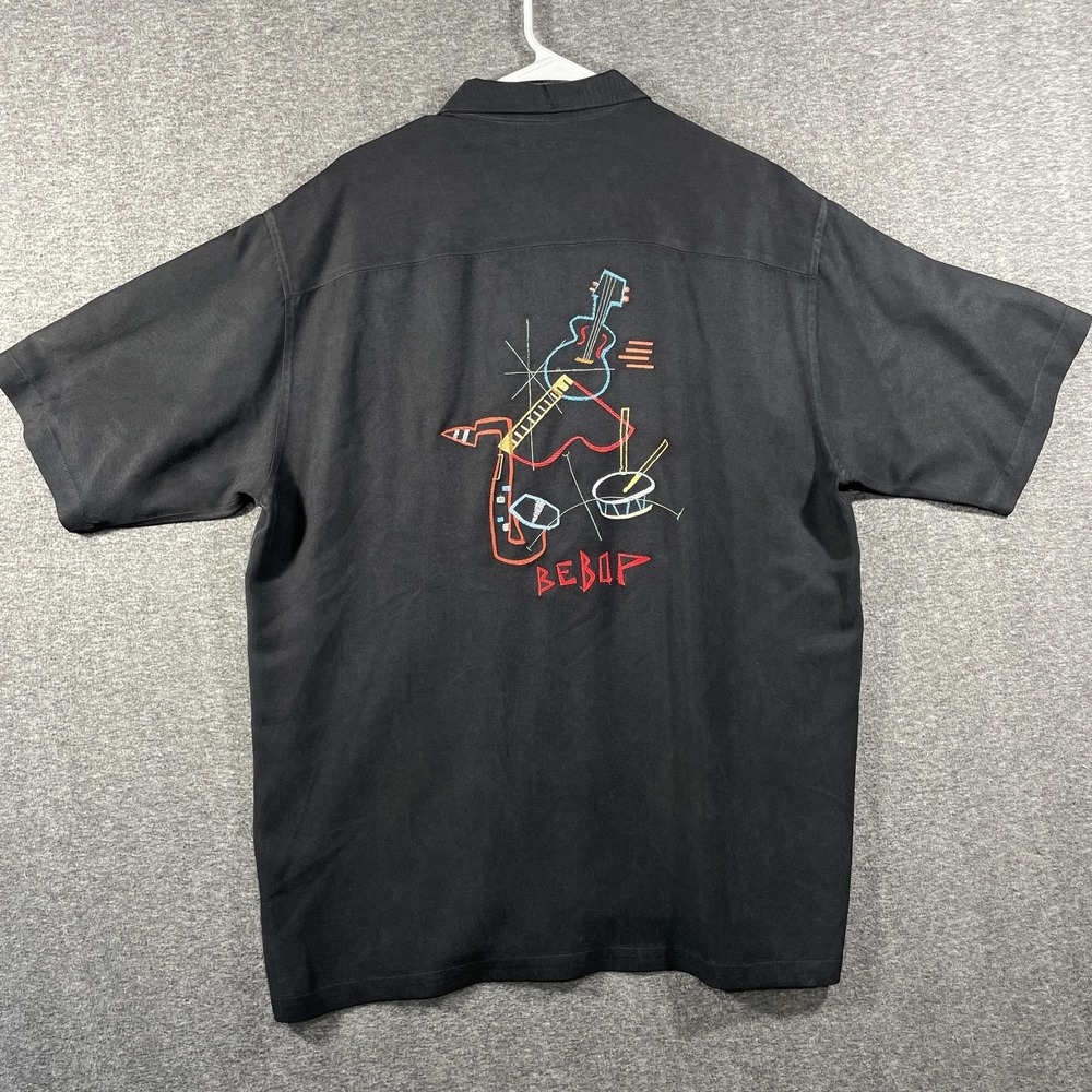 Tori Richard Shirt Mens Large Black Saxophone Guitar Bebop Silk Button Up Loop